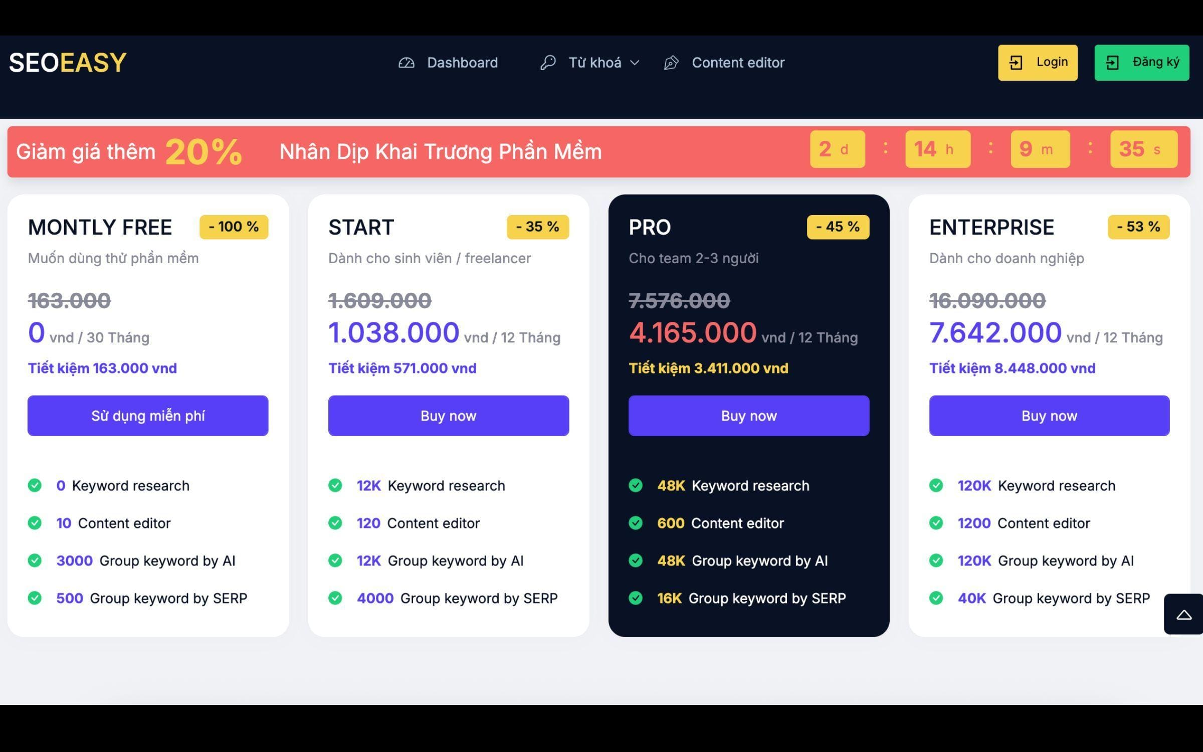 Bảng giá các gói SEO EASY cung cấp 