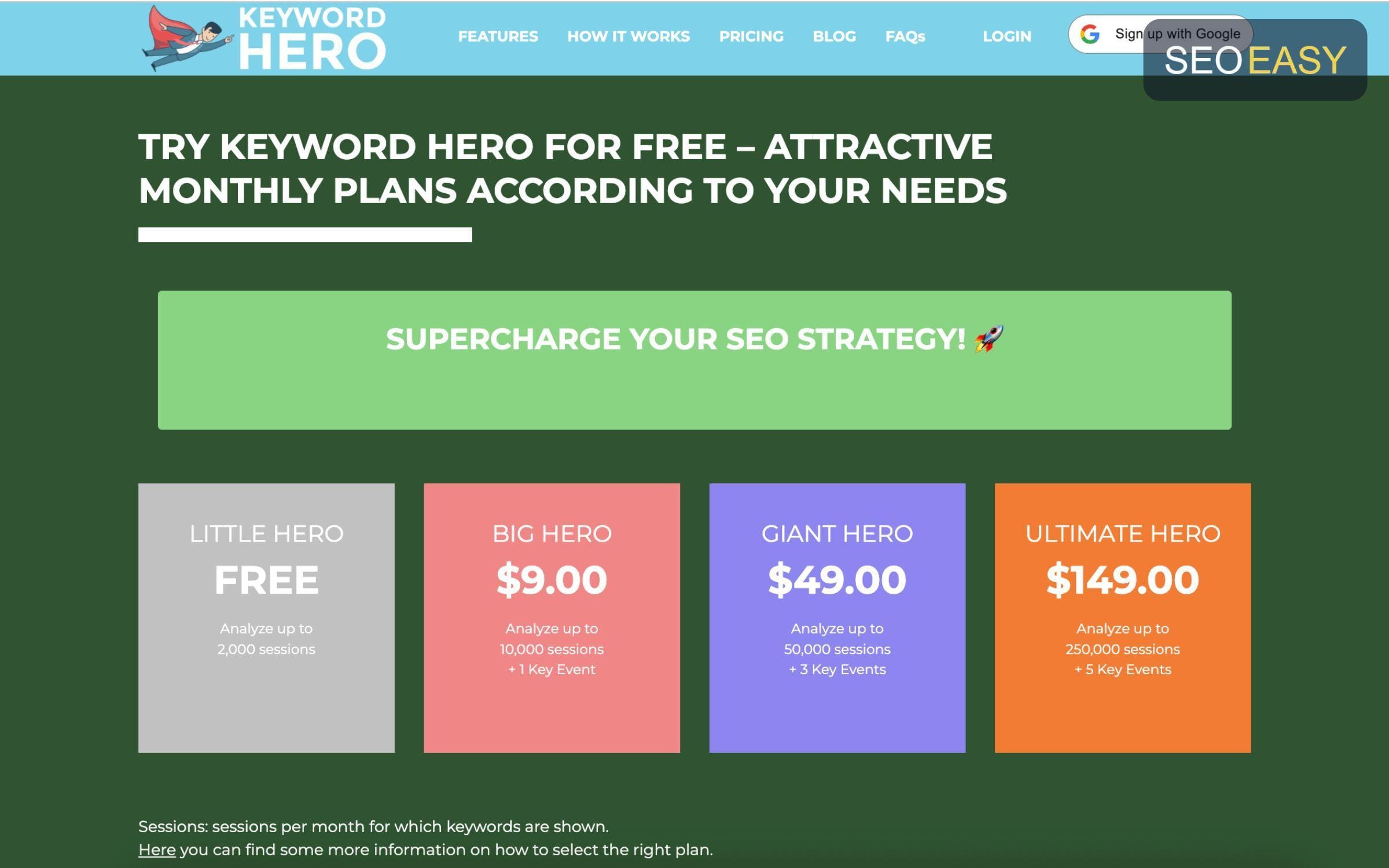 Bảng giá tham khảo các gói của Keyword Hero