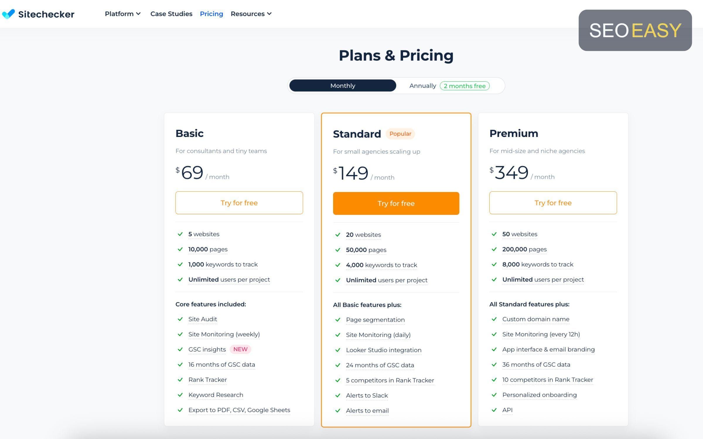 Bảng giá tham khảo của công cụ Site Checker 