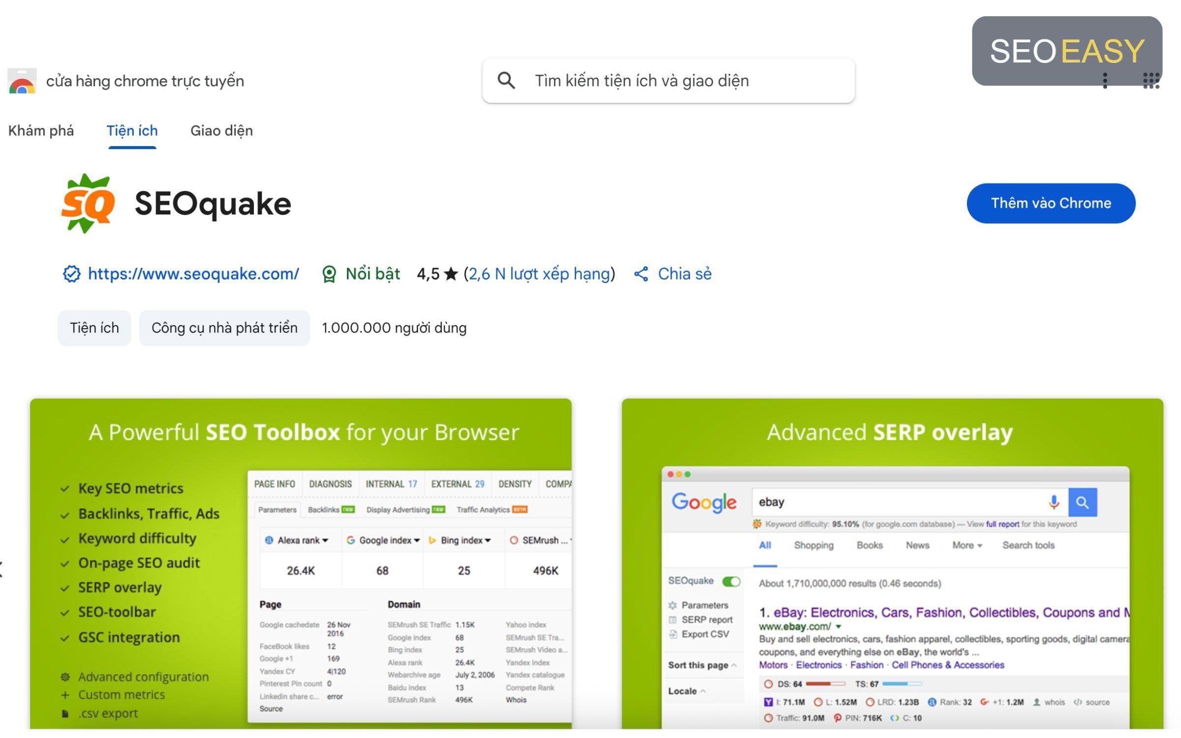 Có 1.000.000 người dùng SEOquake trên cửa hàng Chrome trực tuyến