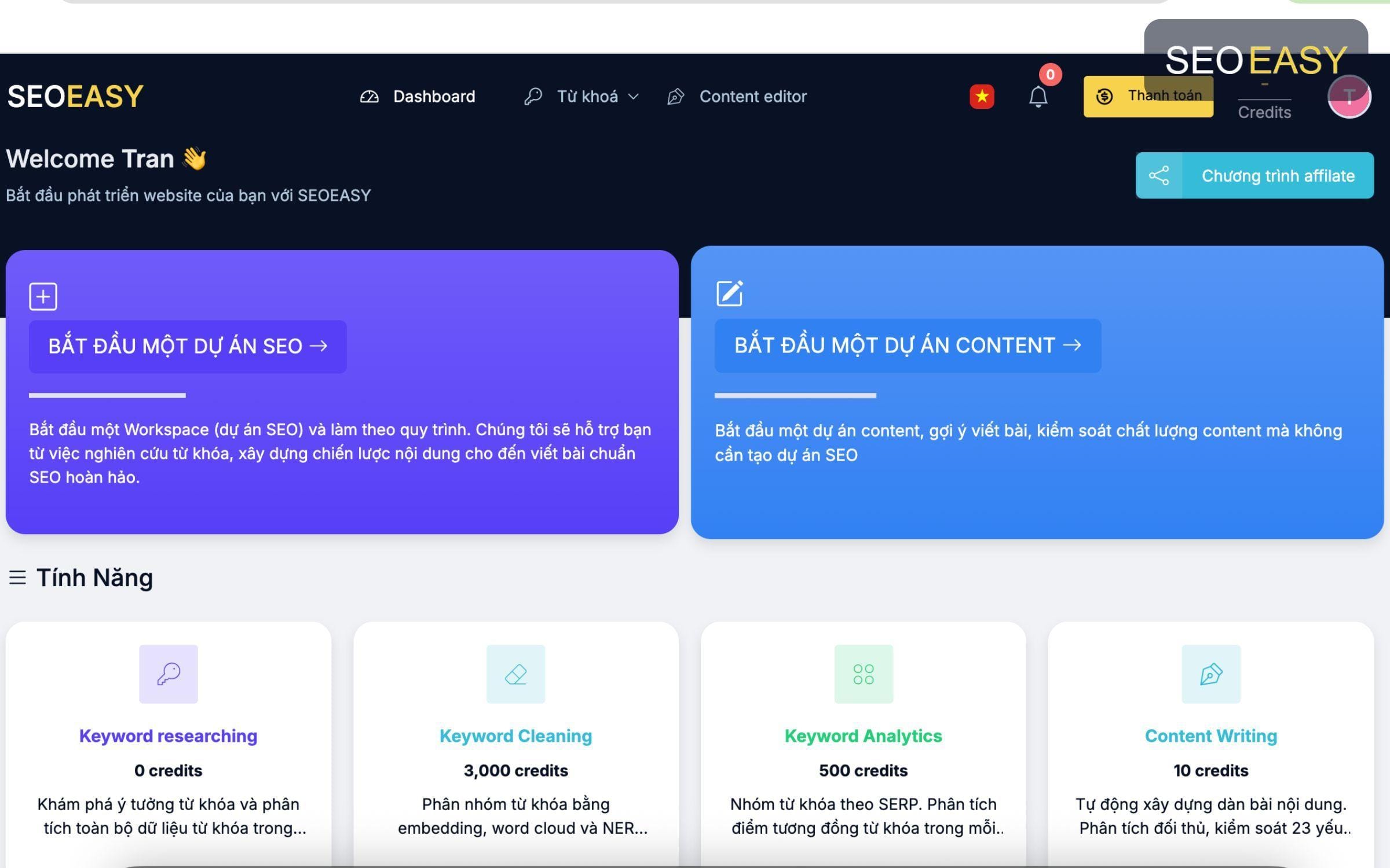Giao diện dashboard của SEO EASY